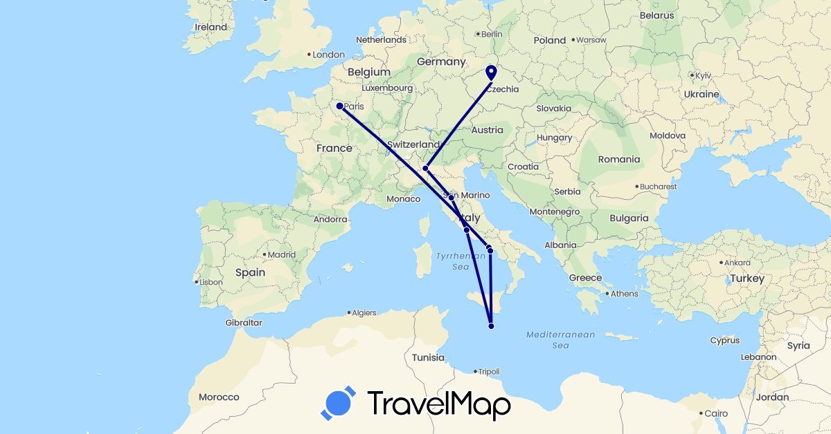 TravelMap itinerary: driving in Czech Republic, France, Italy, Malta (Europe)